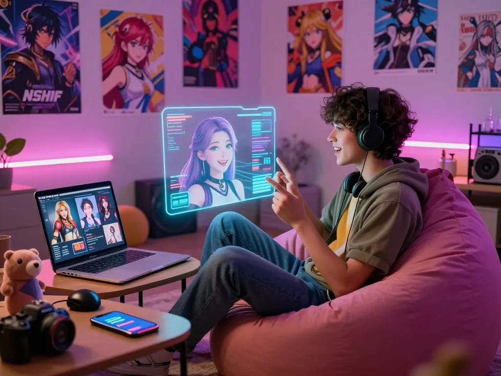 Engaging NSFW AI character interaction in a cozy digital art scene featuring a user in a relaxed setting with a holographic companion.