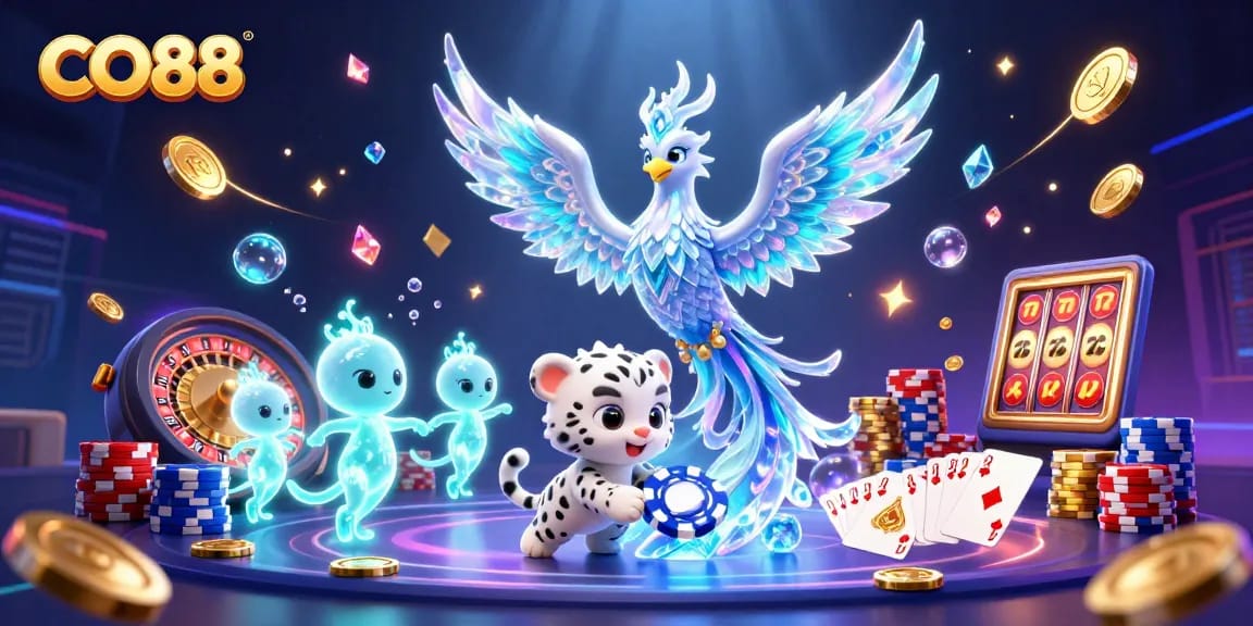 Play thrilling games with CO88, featuring a 3D ice phoenix and vibrant casino elements.