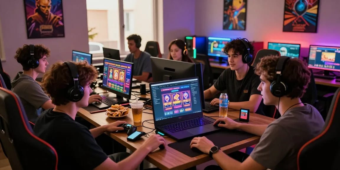 Exciting ngamenjitu online gaming moment with diverse players interacting with digital platform, snacks, and vibrant atmosphere.