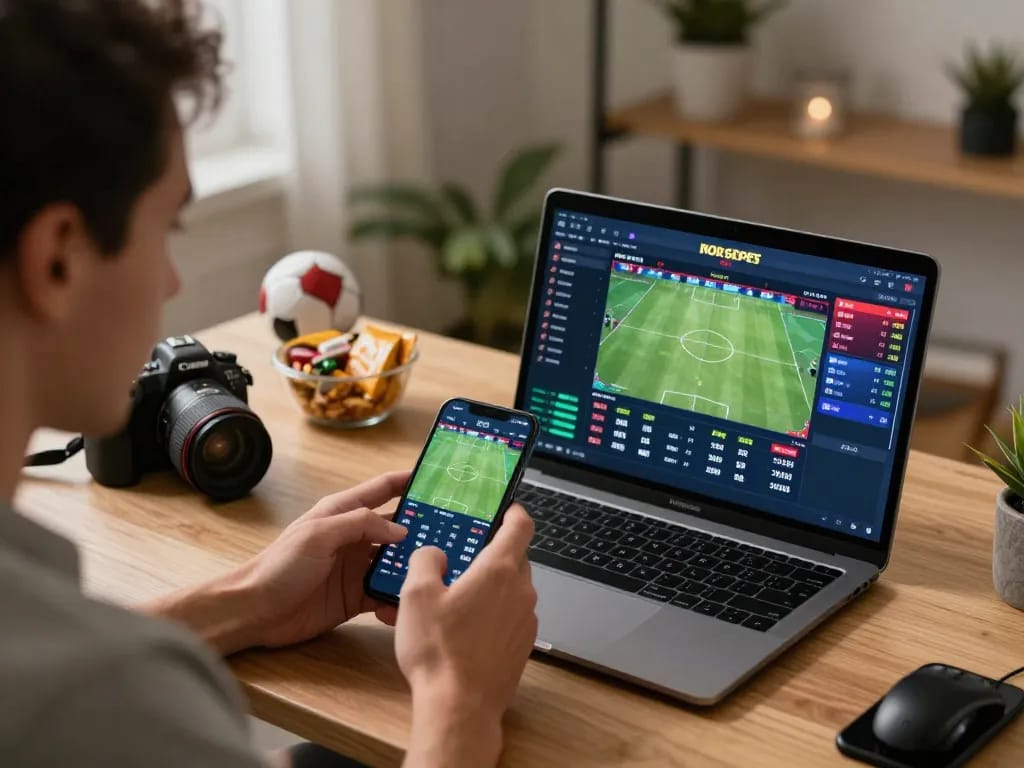 Soi kèo nhà cái with a professional betting setup at home, smartphone and laptop display vibrant betting odds.