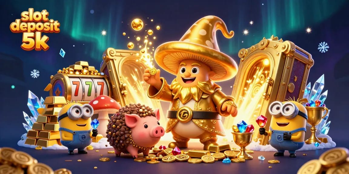 Experience thrilling slot deposit 5k action with a vibrant 3D magical scene featuring golden treasures and lively characters.