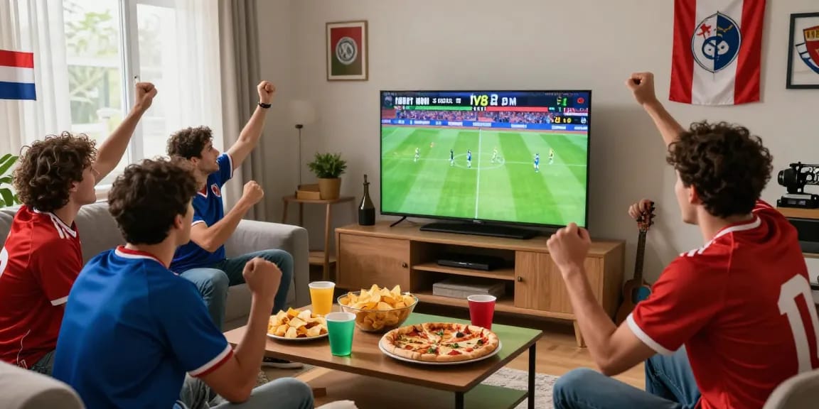 Experience a thrilling sports viewing party as friends enjoy زيارة موقع كورة together, cheering for their favorite teams during a live match.