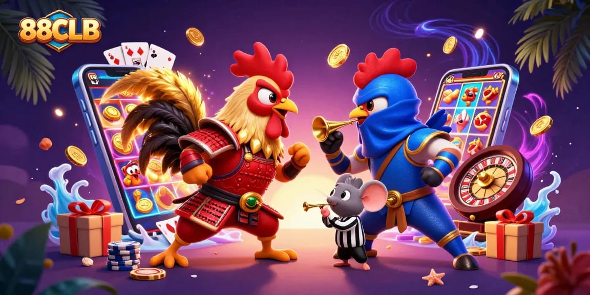88CLB features fighting roosters in a colorful casino showdown, showcasing thrilling gaming elements.