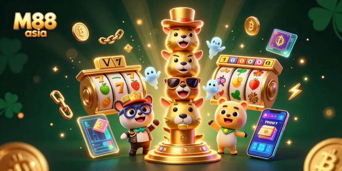 M88 asia slots experience with engaging 3D totem and dynamic casino elements in vibrant colors.