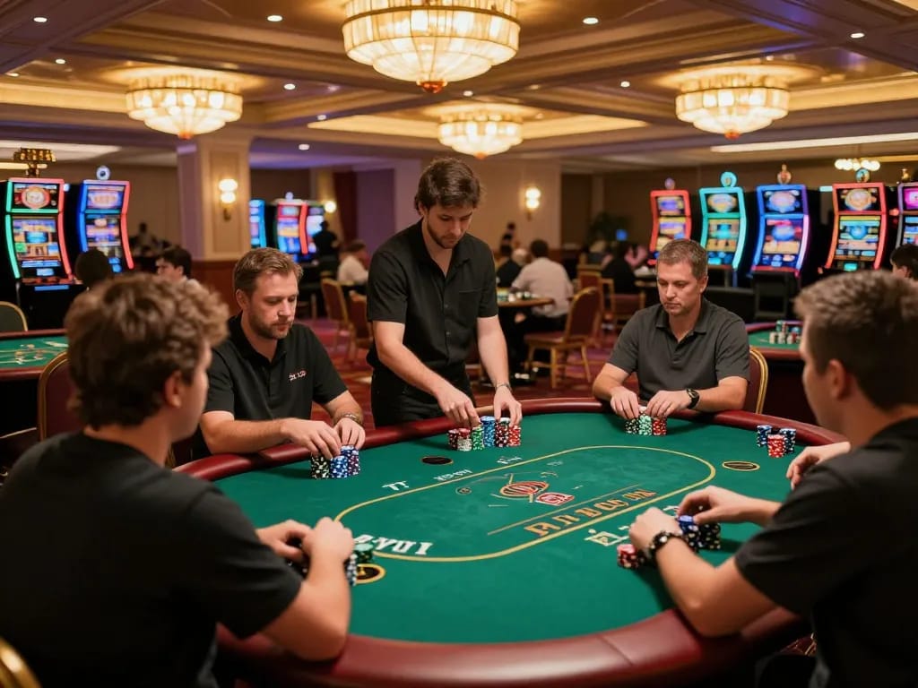 FB88 players enjoying intense poker games amidst a vibrant casino atmosphere, showcasing strategic gambling