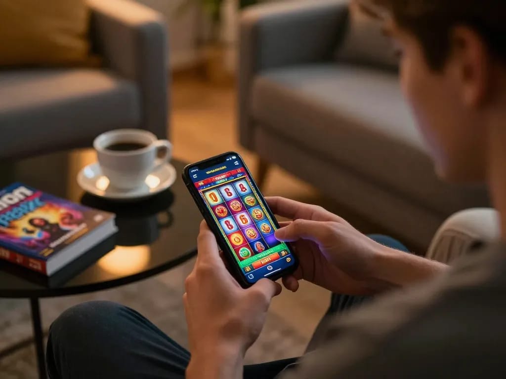 32win player enjoying online slots on mobile with colorful reels in cozy living room.