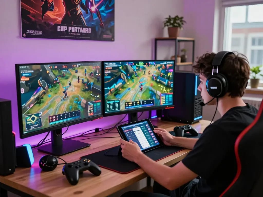 Engaged gamer analyzing esports bets on multiple screens while navigating the world of esports betting at https://gglbetsg.org/gglbet-sg/singapore-esports-betting-guide/ in a high-tech gaming setup.