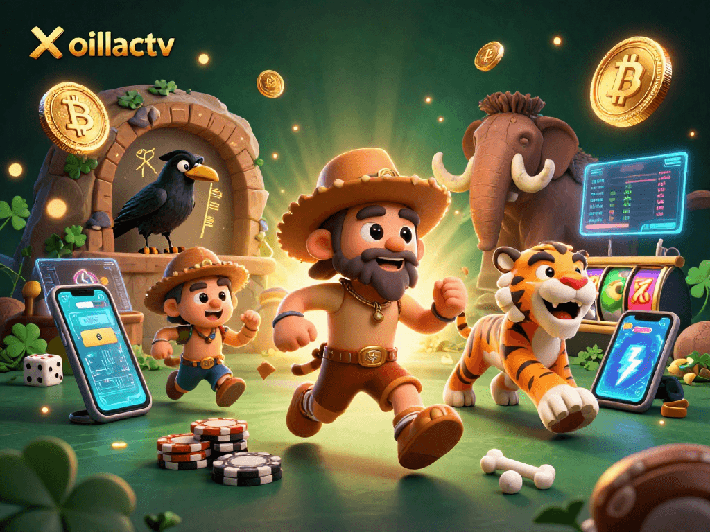 Xoilactv showcases a vibrant prehistoric casino scene with crypto elements and classic gaming symbols.