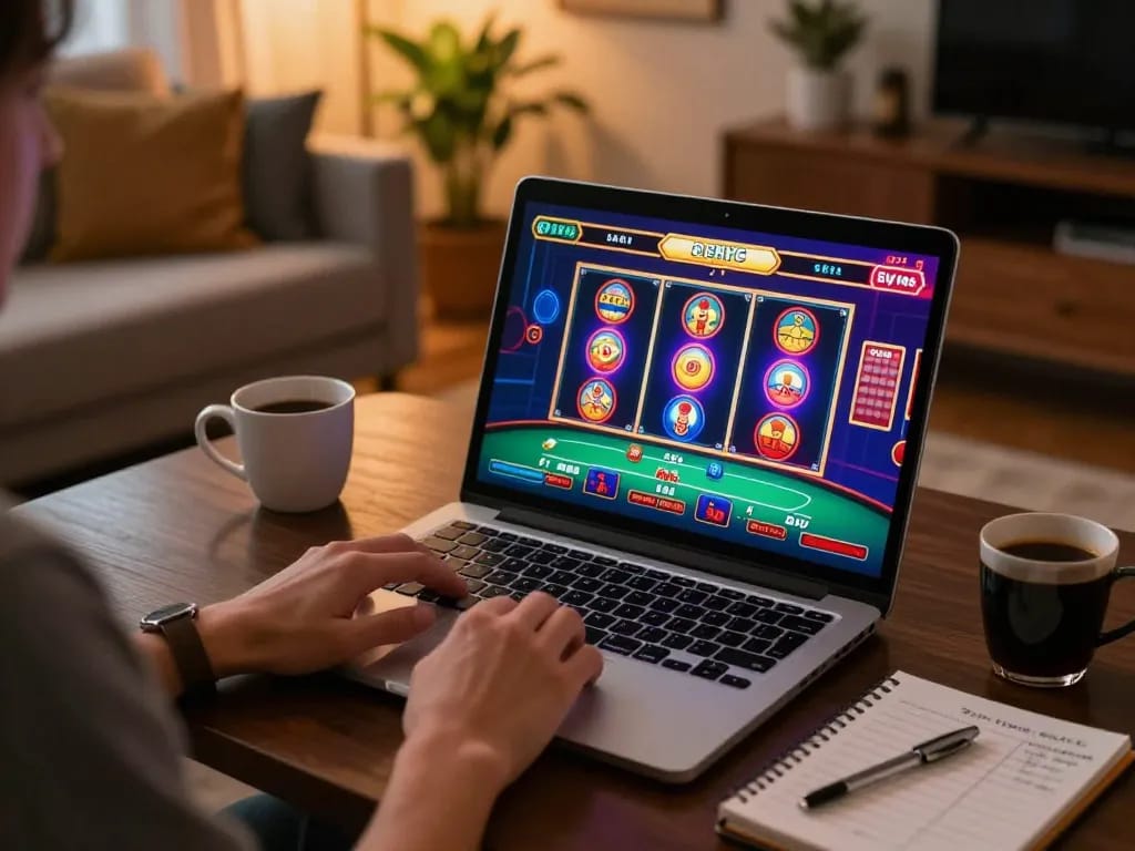 Player engaging in an exciting ku win online casino game while enjoying a comfortable home atmosphere