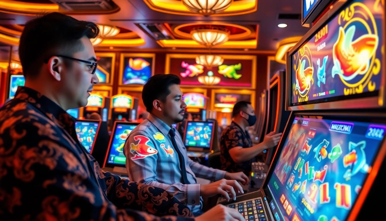 Players enjoying the Fa Chai Fishing Game in a vibrant casino atmosphere.