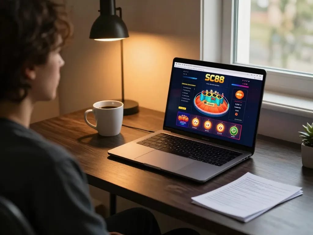 Engaging with SC88 casino platform at home, showcasing laptop gameplay and strategic notes.