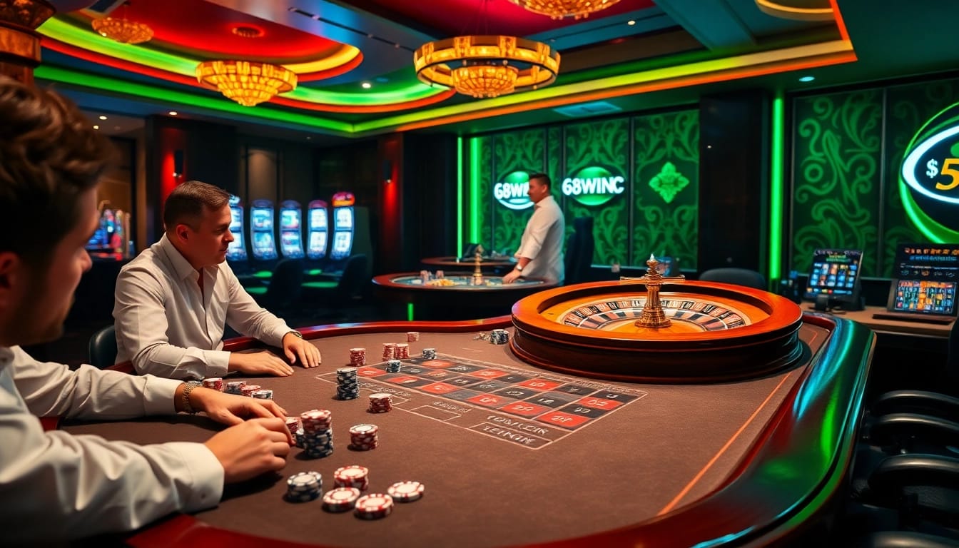 Experience the thrill of 58WIN with players engaging at a luxurious poker table in a vibrant casino.