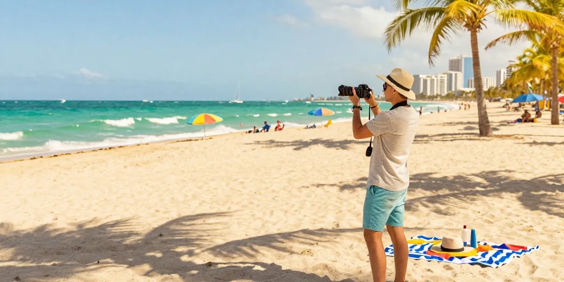 Pengunjung menikmati pantai Miami di https://miami4d.com/, berpakaian santai, menikmati sinar matahari dan suasana tropis.