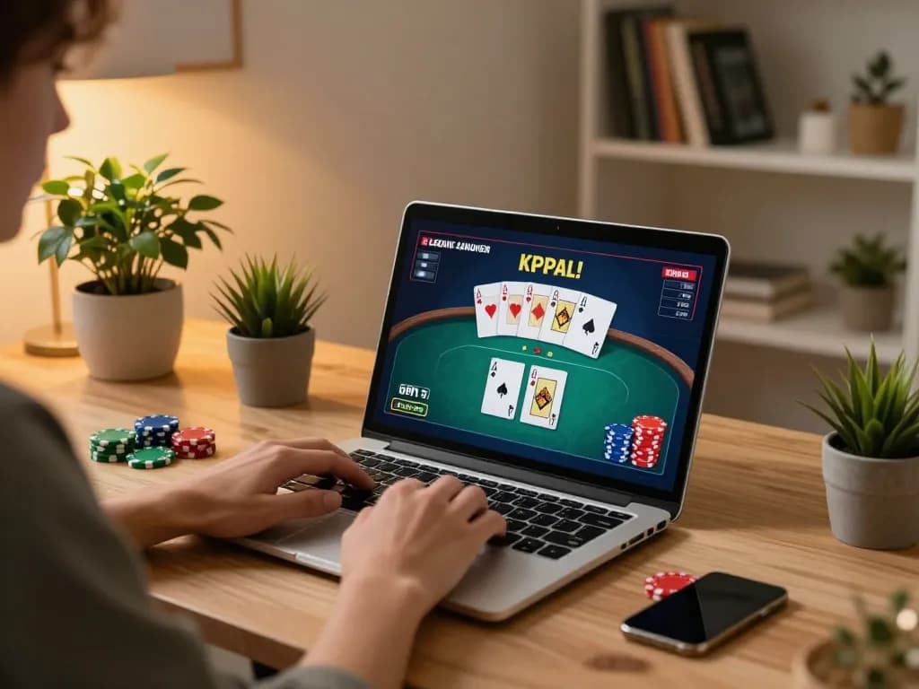 Player engaging with peri11 online poker game on laptop at home, showcasing strategic gameplay.