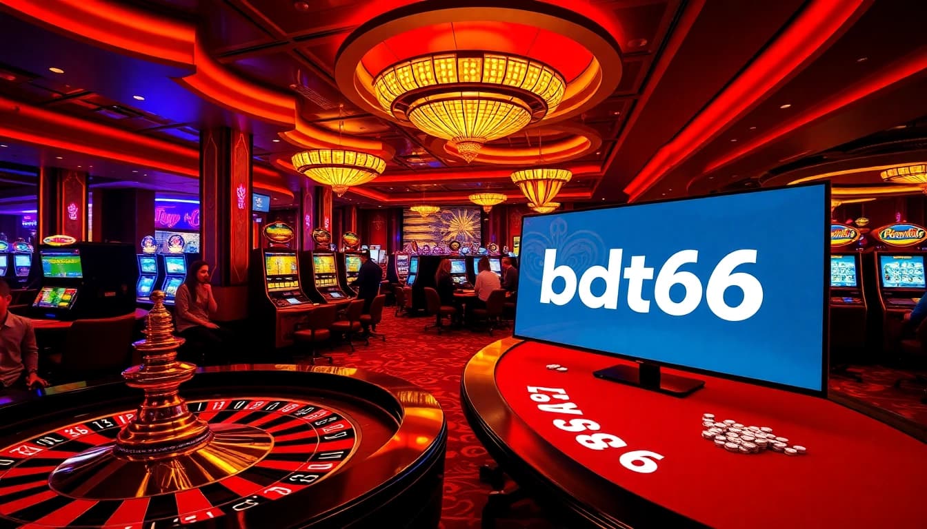 Exciting gaming scene at bdtk66 my casino with players at roulette and poker tables.