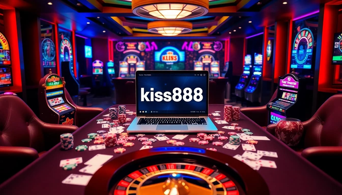 Kiss888 online gaming platform displayed on a laptop surrounded by casino elements like cards and chips.