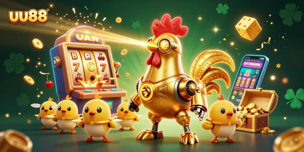 Engage with uu88's vibrant casino world, featuring a golden rooster robot and baby chick drones amidst a slot machine jackpot.