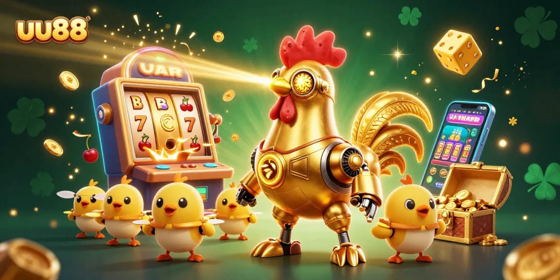 Engage with uu88's vibrant casino world, featuring a golden rooster robot and baby chick drones amidst a slot machine jackpot.
