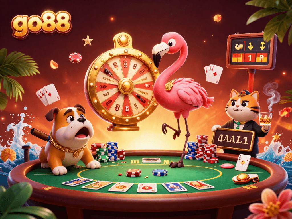 Exciting go88 game show scene with flamingo, bulldog, and cat revealing prizes in vibrant casino setting.