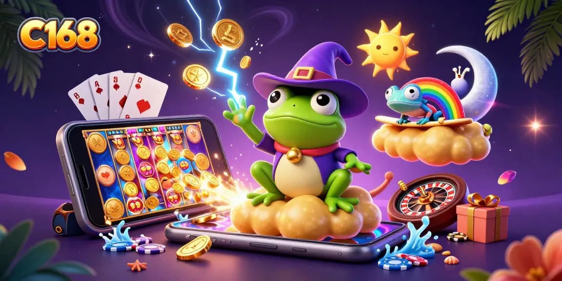 C168 players experience a vibrant casino fantasy with a frog wizard and chameleon during a golden coin storm.