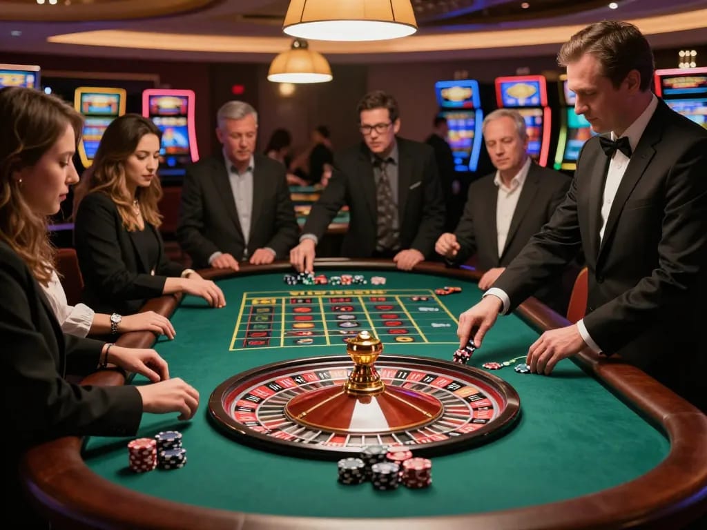 Players engaging at a luxurious roulette table, a top situs togel for real-time gaming.