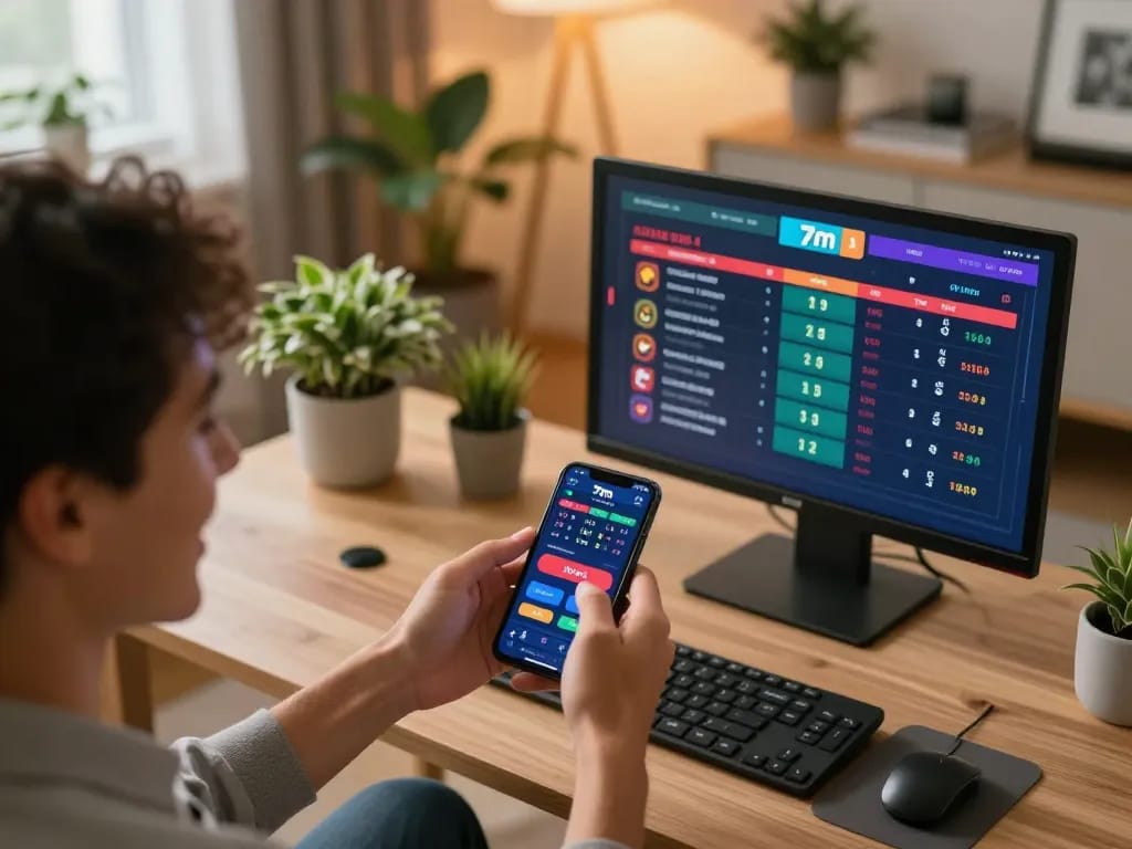 Engaging in 7m sports betting on a smartphone with lively graphics