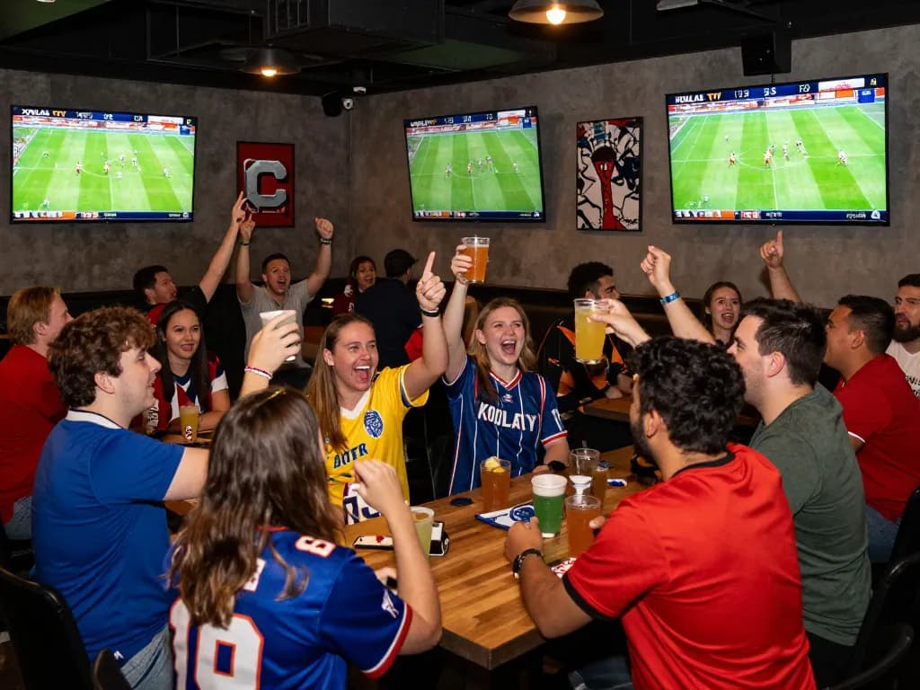Xoilactv39 patrons enjoying live football streaming at a lively sports bar, celebrating together.