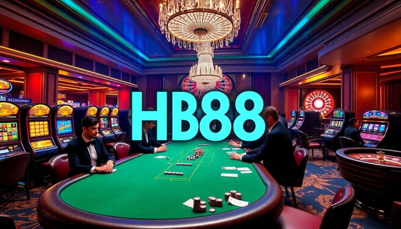 Engaged players enjoying a thrilling HB88 casino experience at poker tables with vibrant slot machines.