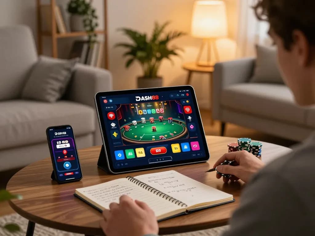 Engaged player using dash88 app on tablet for an immersive online gaming experience.