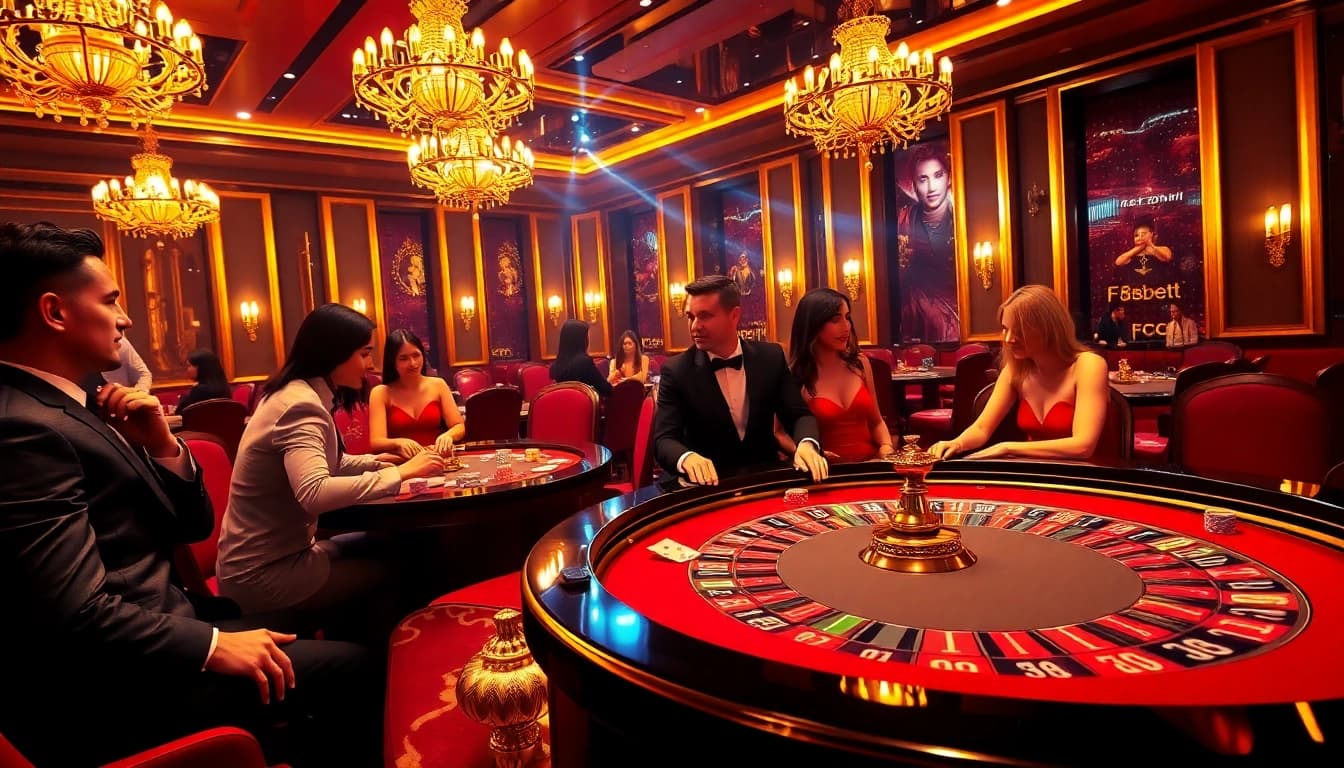 Players enjoying a thrilling poker game at F8bet casino under warm lighting.