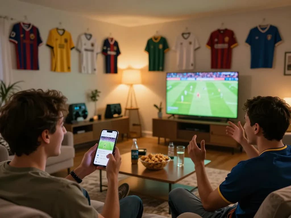 Cakhia TV app in use during a thrilling live football match with friends