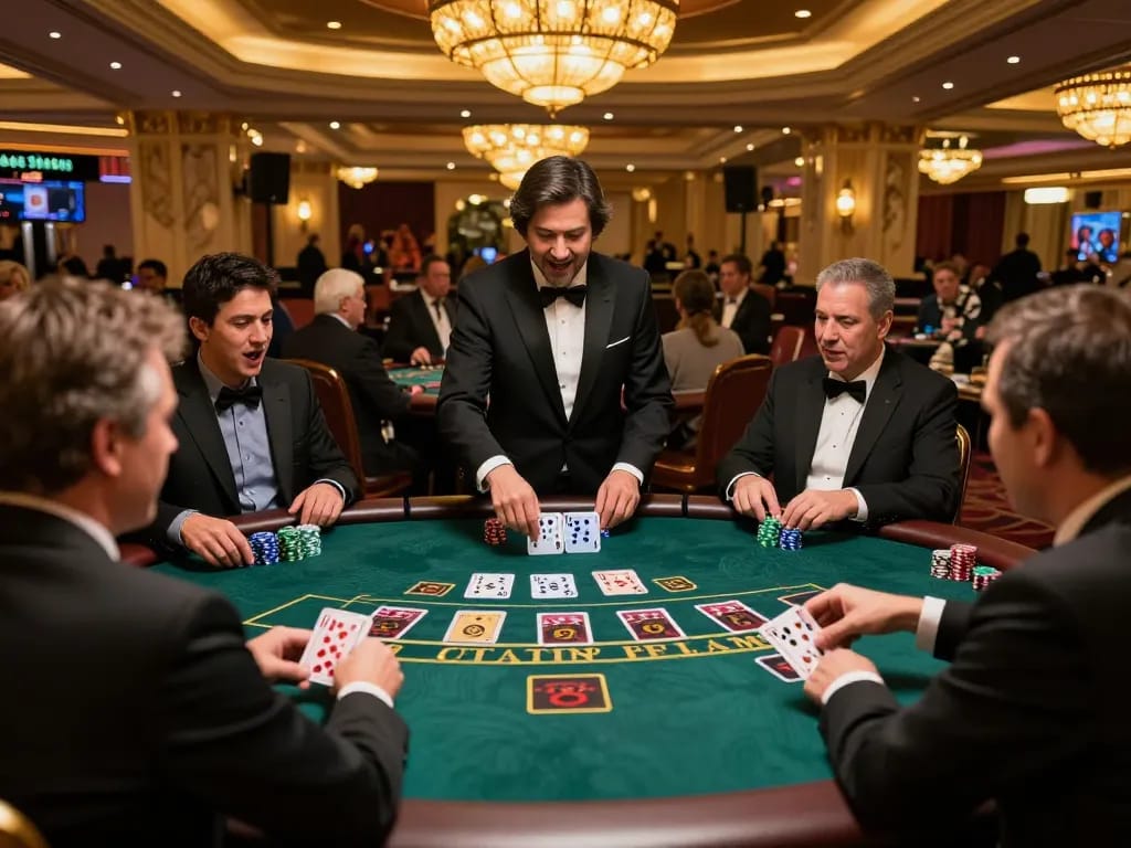 Pemain di meja blackjack terlibat secara strategis sambil menikmati aksi kasino mpi2121 di bawah pencahayaan hangat.