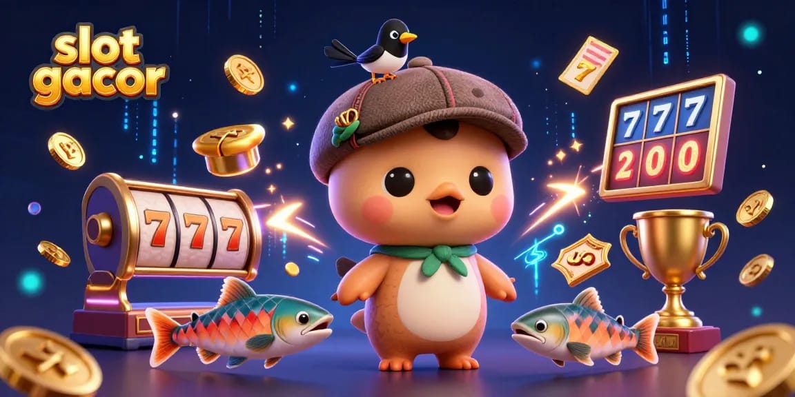 Visualisasi slot gacor yang menampilkan karakter lucu dan elemen perjudian yang dinamis, menghidupkan suasana kasino.
