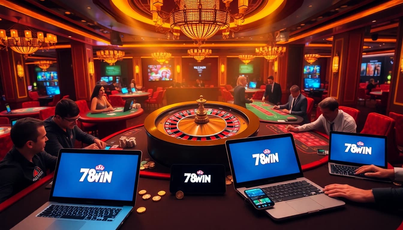 Excited players placing bets at 78WIN's luxurious gaming tables, enjoying a thrilling casino experience.