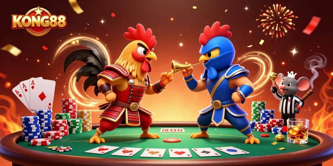 Watch KONG88's spirited rooster duel on a poker table amid vibrant casino festivities.