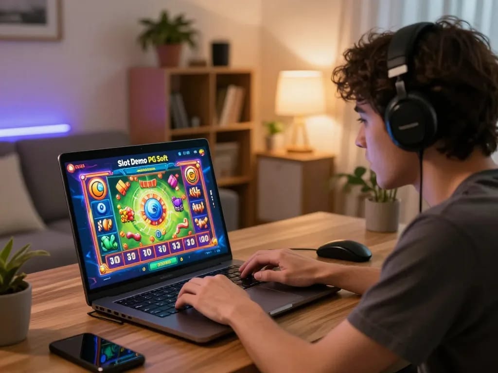 Berkeliling dengan Slot Demo PG Soft di laptop dalam suasana rumah yang nyaman, meningkatkan pengalaman bermain game online.