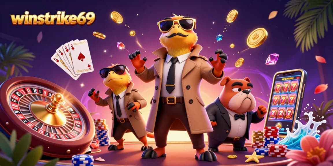 Join the action with winstrike69 as raptors try to enter a VIP casino lounge, amidst swirling gems and coins.