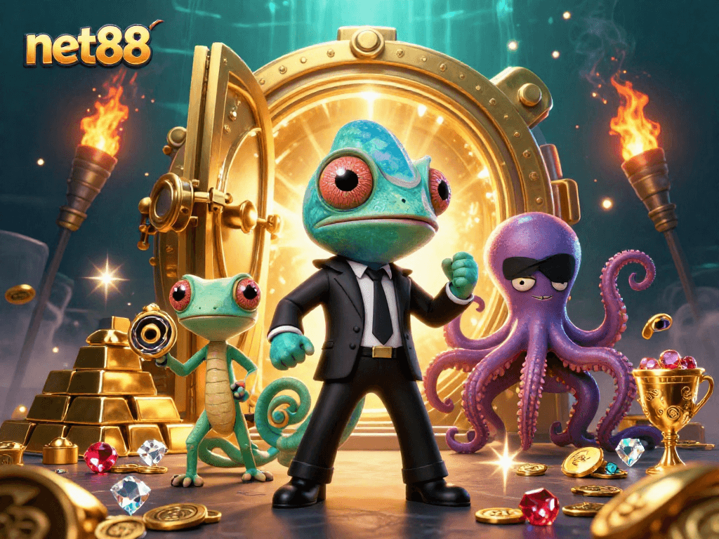 Engage with net88's captivating slots through this vibrant 3D illustration featuring dynamic casino elements.