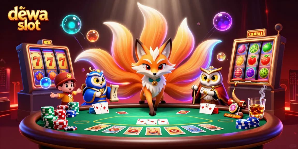 Engage in thrilling gameplay with dewa slot featuring a vibrant nine-tailed fox and poker elements.