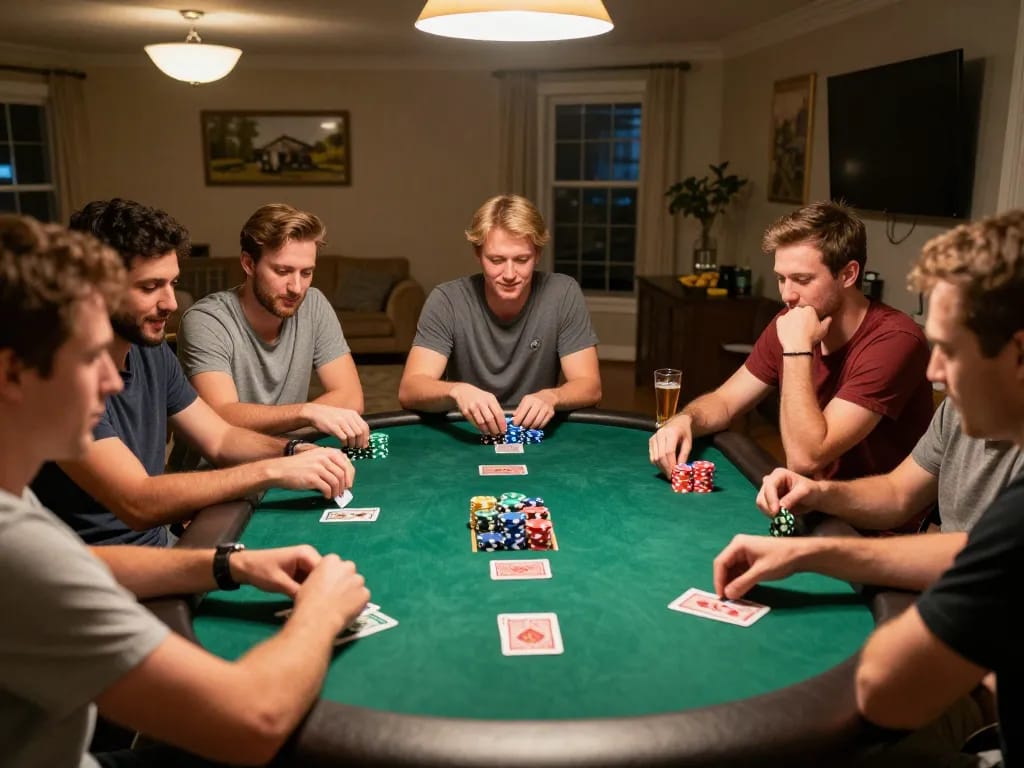 Dynamic home poker night at TR88 featuring enthusiastic players and colorful chips