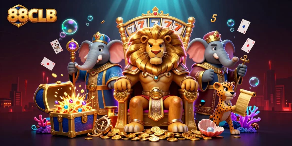 Engage with 88CLB's thrilling gaming experience filled with vibrant slot reels and dynamic characters.