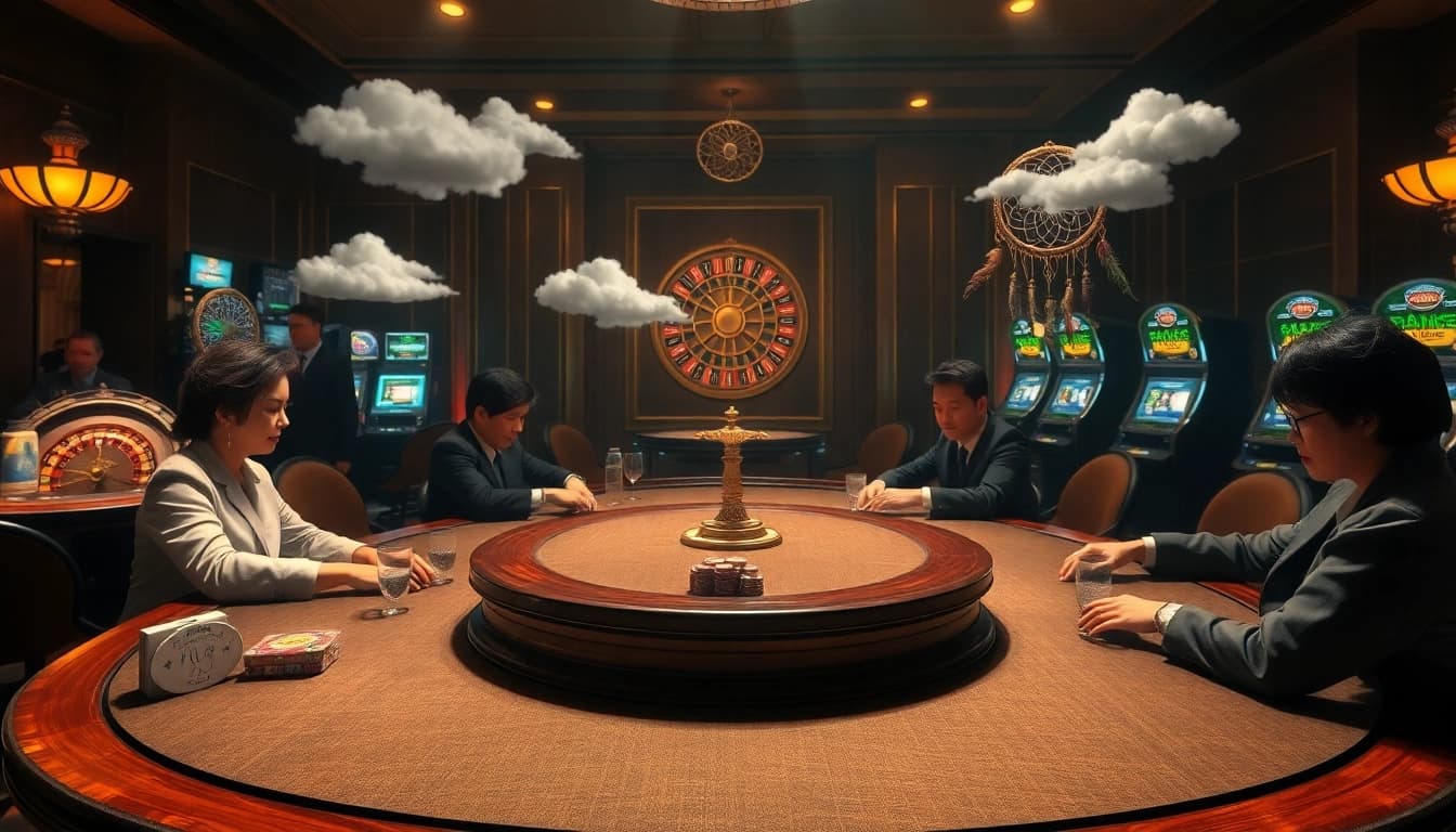 Gambling scene depicting poker players at a table, exploring Giải mã giấc mơ themes.