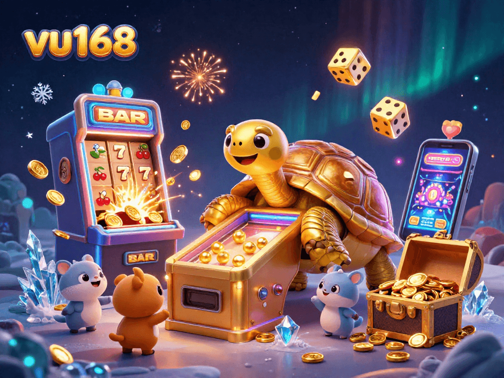 Spin and win with the vibrant vu168 casino scene showcasing a golden tortoise and jackpot elements.