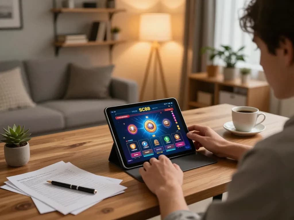SC88 online gambling setup with tablet gameplay and strategic notes in a cozy home office.