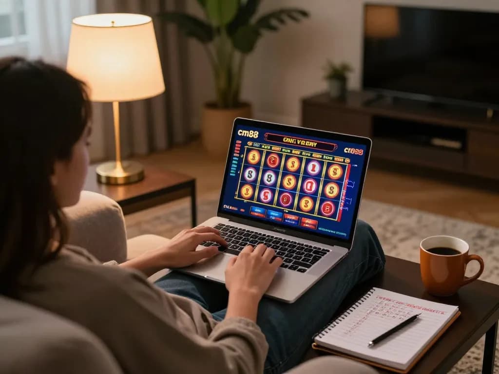 Engaging in online gambling with cm88 from a cozy living room setup, showcasing vibrant gameplay.