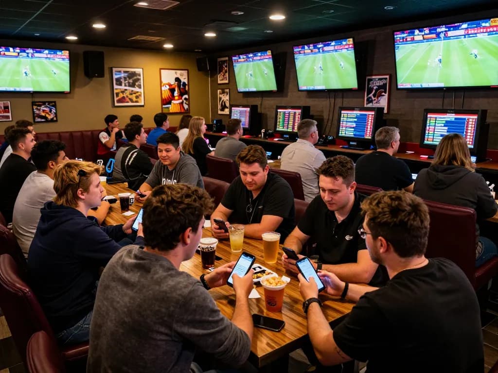 Excited bettors strategizing on mobile devices for their bets on 789win in a bustling sports lounge.