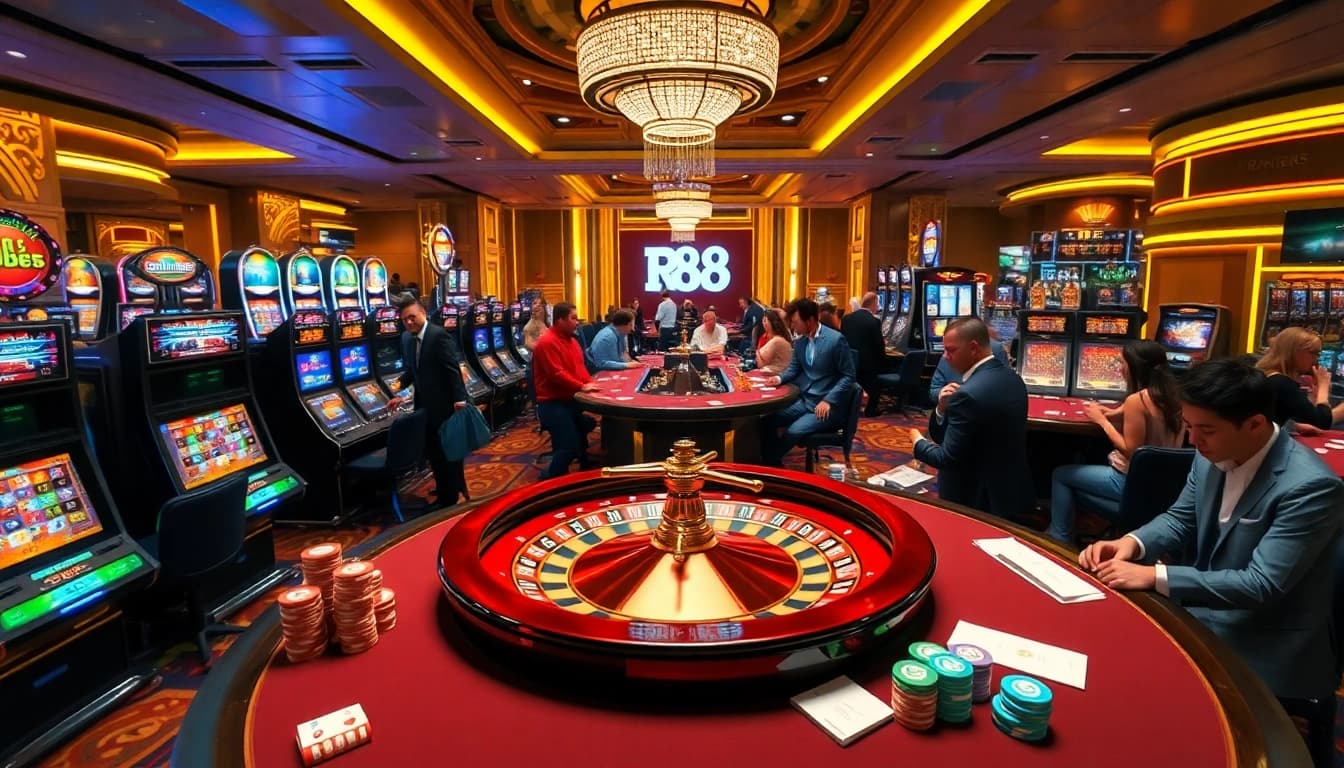 Engage with RR88's exciting casino atmosphere featuring vibrant slots and lively poker tables.