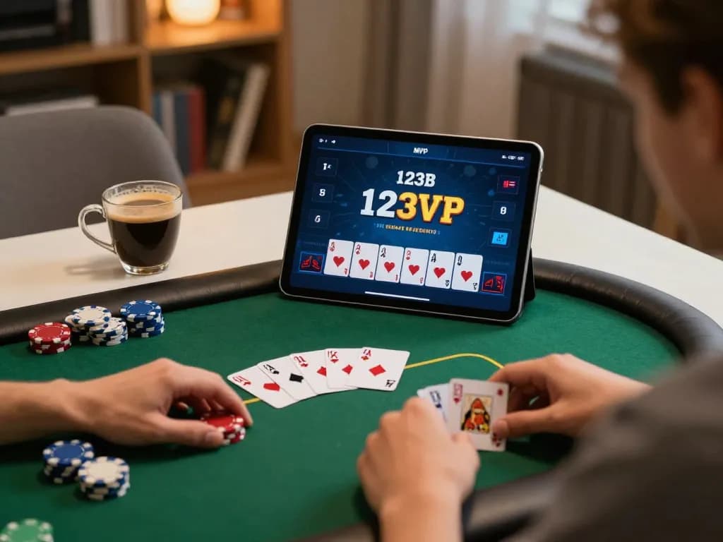 Player using 123B MVP app for online poker gaming in cozy home setting with coffee