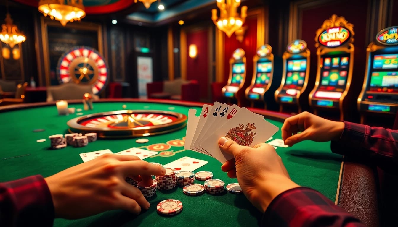 Xin88 casino scene showcasing players engaging at a poker table with vibrant chips and cards.