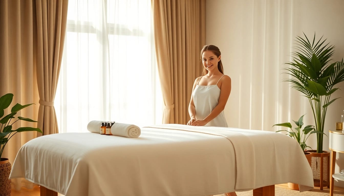 평택출장마사지 setup with an inviting massage table, aromatherapy oils, and a friendly therapist.